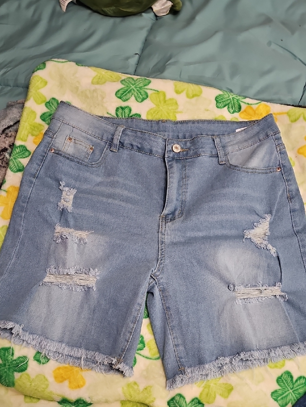 Light Blue Distressed Denim Shorts - Women's